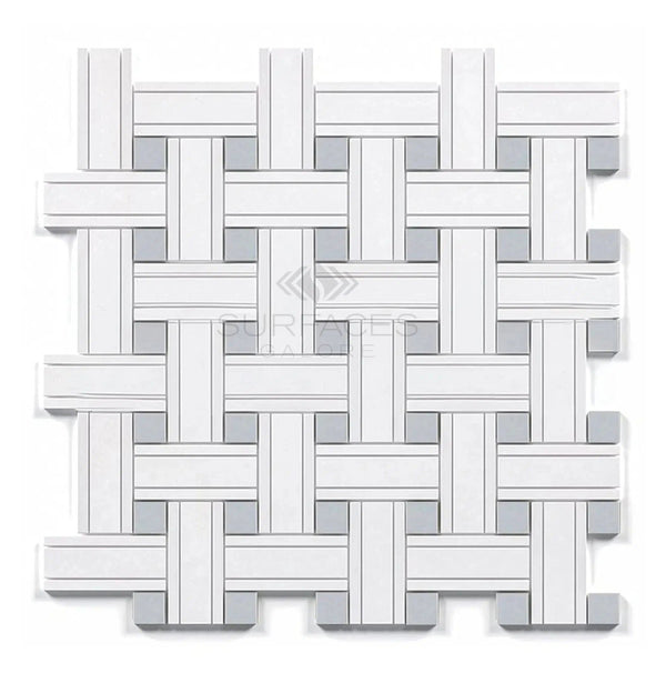 Thassos White (Greek) Triple - Weave (w/ Blue - Gray) Mosaic Marble Polished - Honed - SurfacesGalorePolished