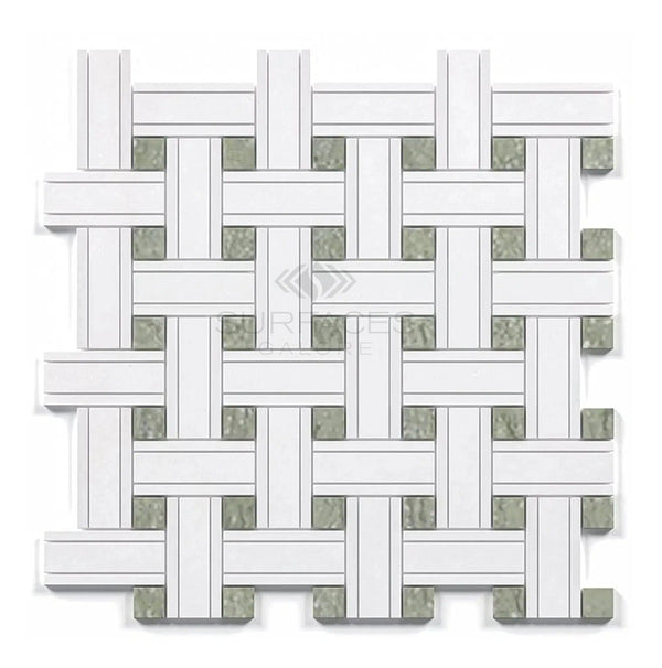 Thassos White (Greek) Triple - Weave (w/ Ming - Green) Mosaic Marble Polished - Honed - SurfacesGalorePolished