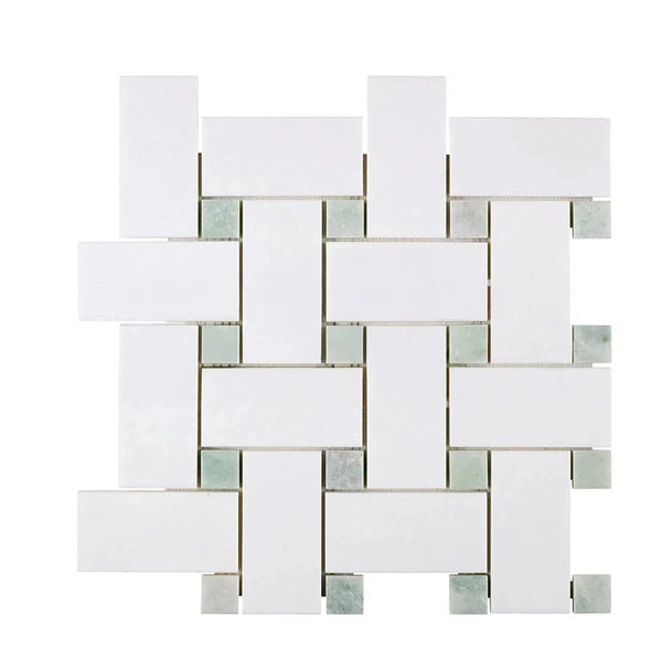 Thassos White Large Basketweave Mosaic (w/ Ming-Green) Mosaic Marble Polished-Honed