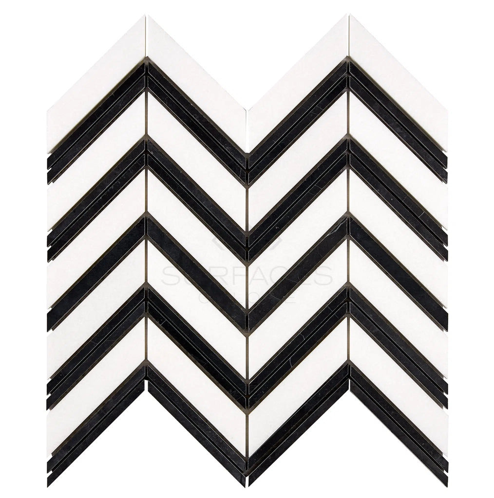 Thassos White Large Chevron (w/ Black) Mosaic Marble Polished-Honed