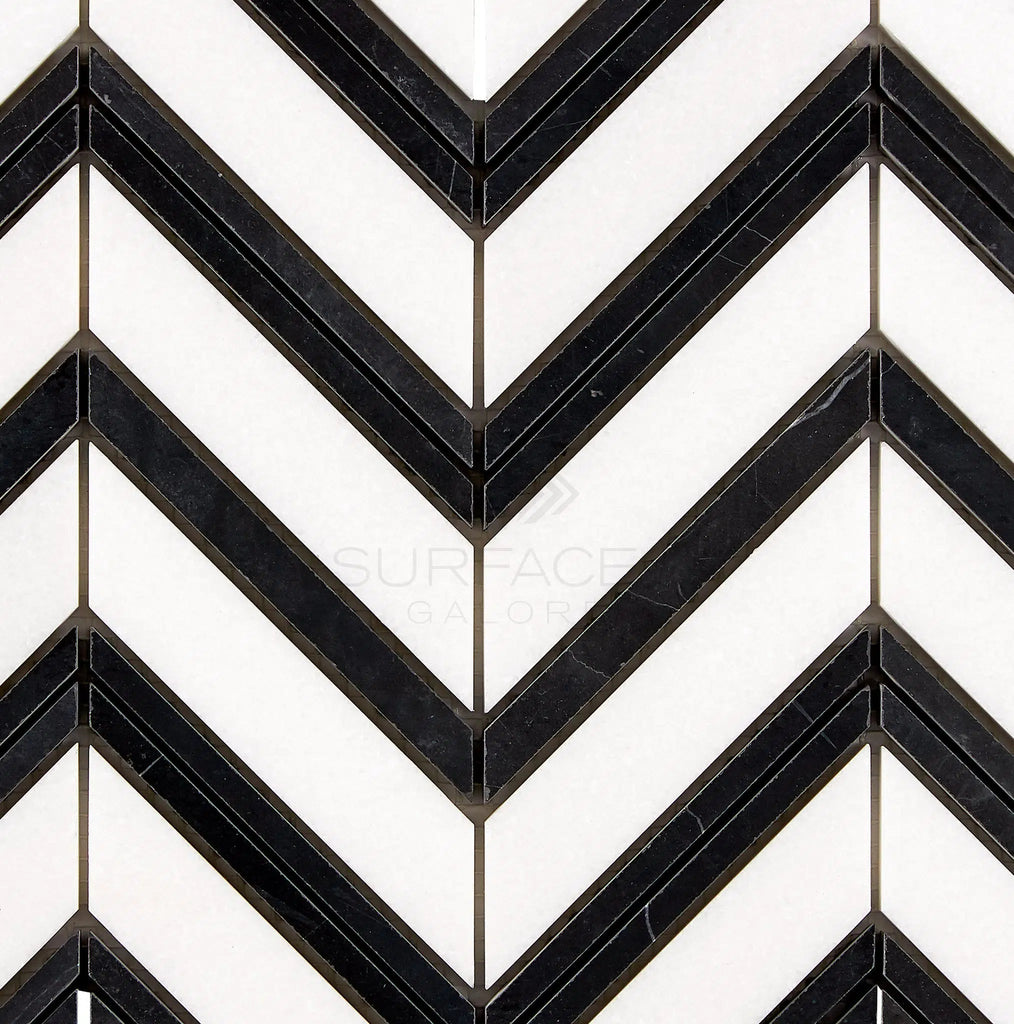 Thassos White Large Chevron (w/ Black) Mosaic Marble Polished-Honed