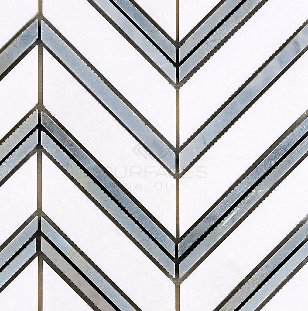 Thassos White Large Chevron (w/ Blue-Gray) Mosaic Marble Polished-Honed