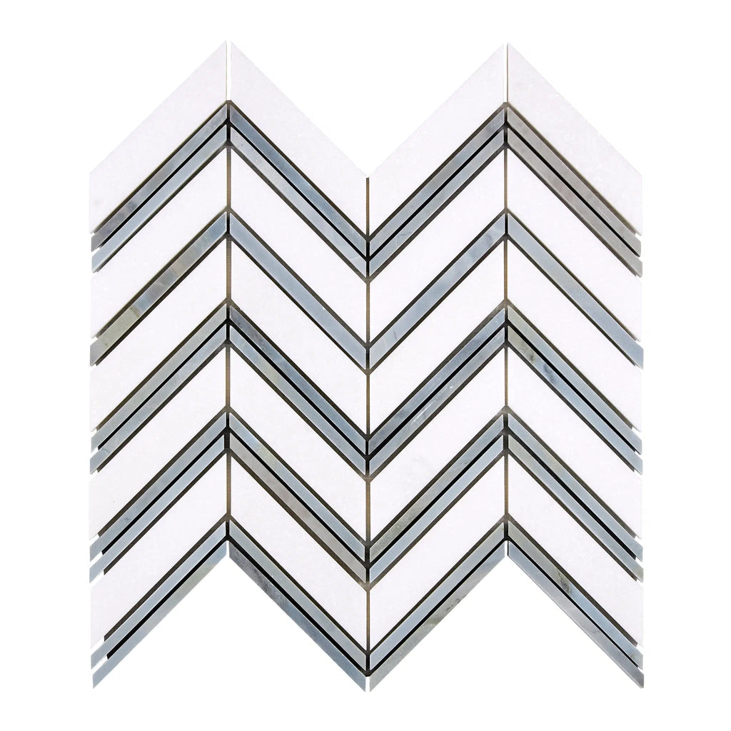 Thassos White Large Chevron (w/ Blue-Gray) Mosaic Marble Polished-Honed