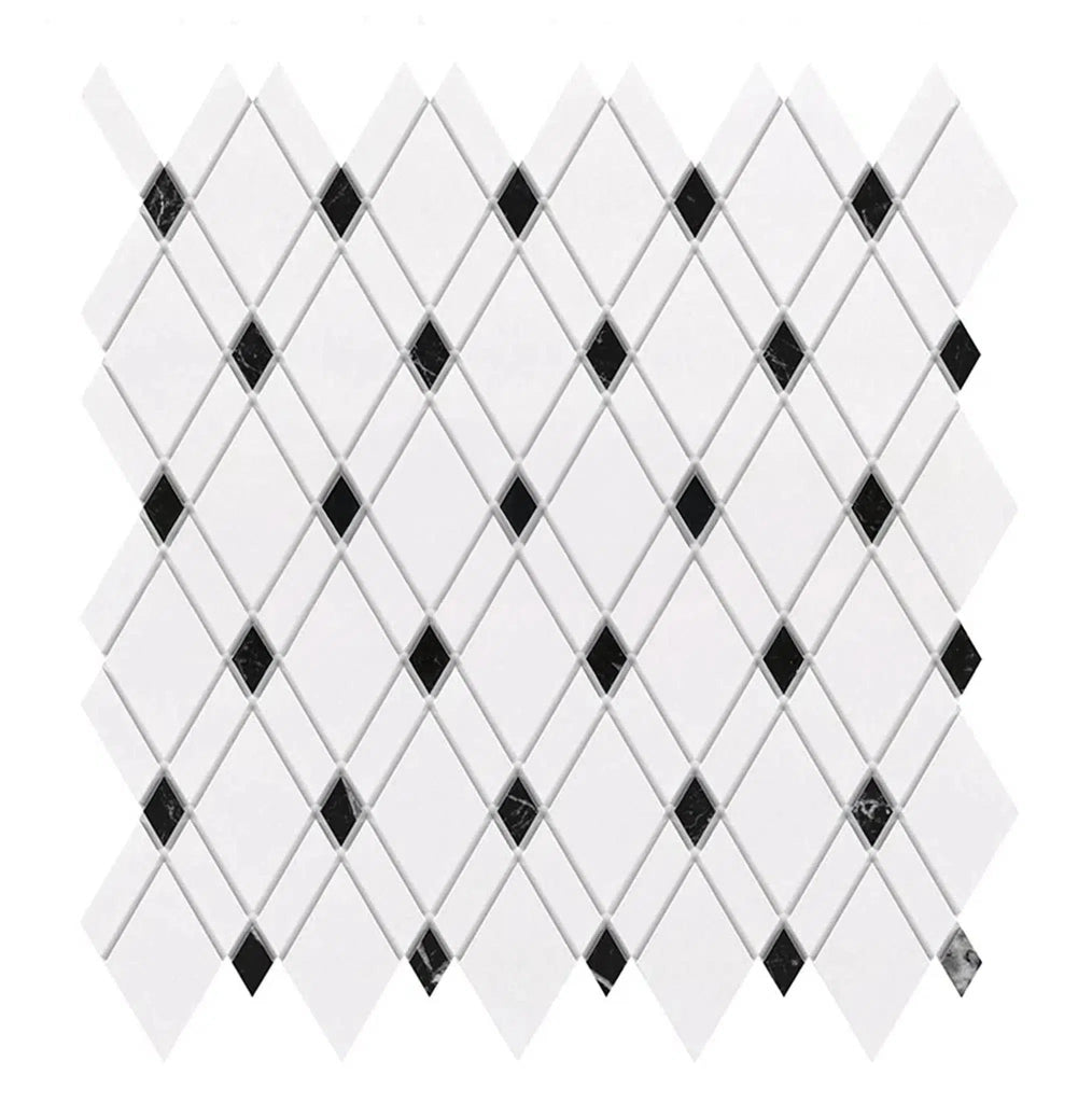 Thassos White Lattice (Thassos White + Black) Mosaic Marble Polished-Honed