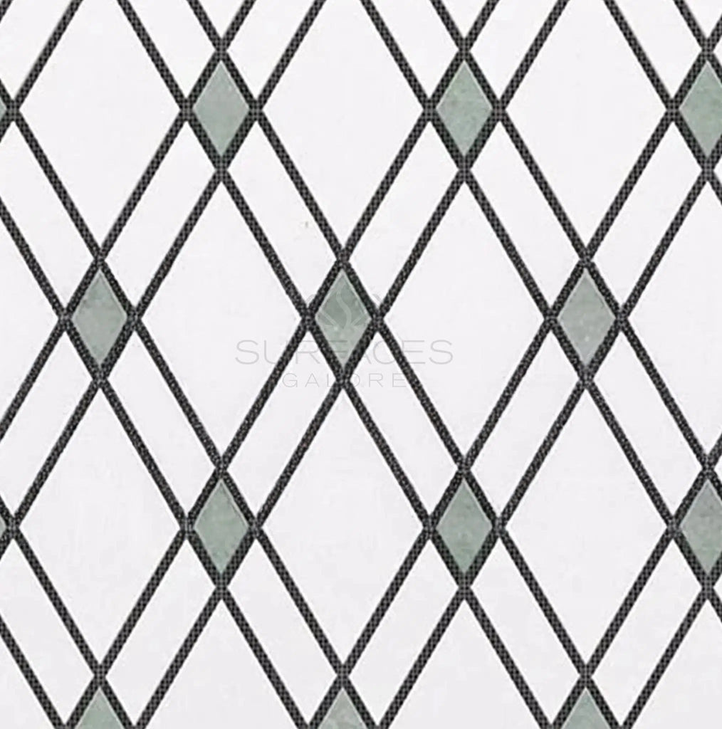 Thassos White Lattice (Thassos White + Mink Green) Mosaic Marble Polished-Honed