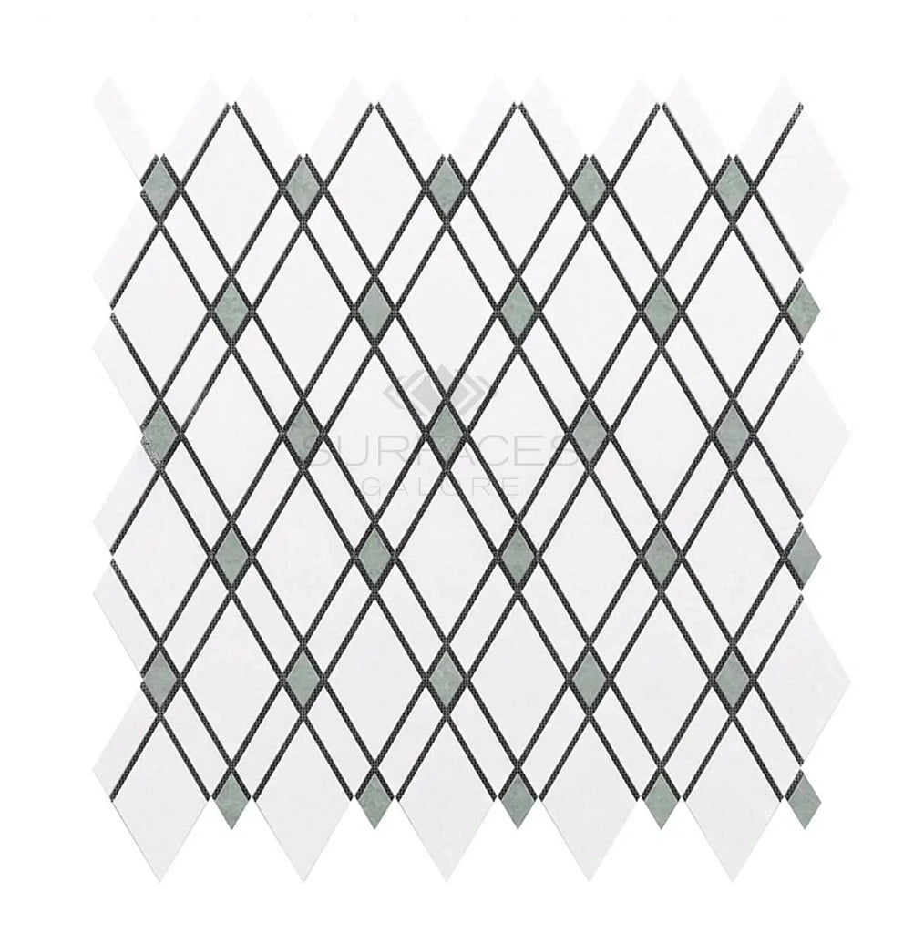 Thassos White Lattice (Thassos White + Mink Green) Mosaic Marble Polished-Honed