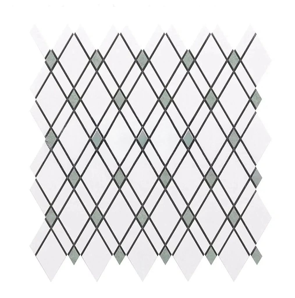 Thassos White Lattice (Thassos White + Mink Green) Mosaic Marble Polished-Honed