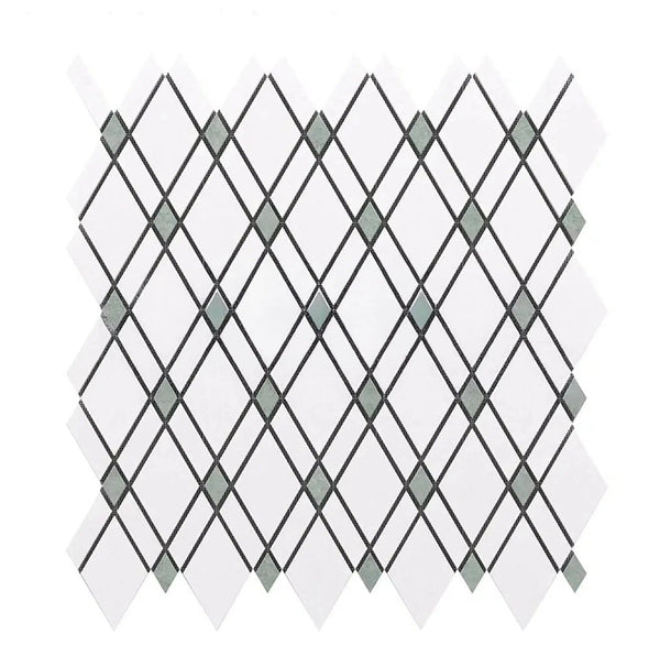 Thassos White Lattice (Thassos White + Mink Green) Mosaic Marble Polished-Honed