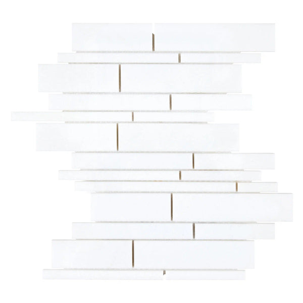 Thassos White Manhattan (Random-Strip) Mosaic Marble Polished-Honed