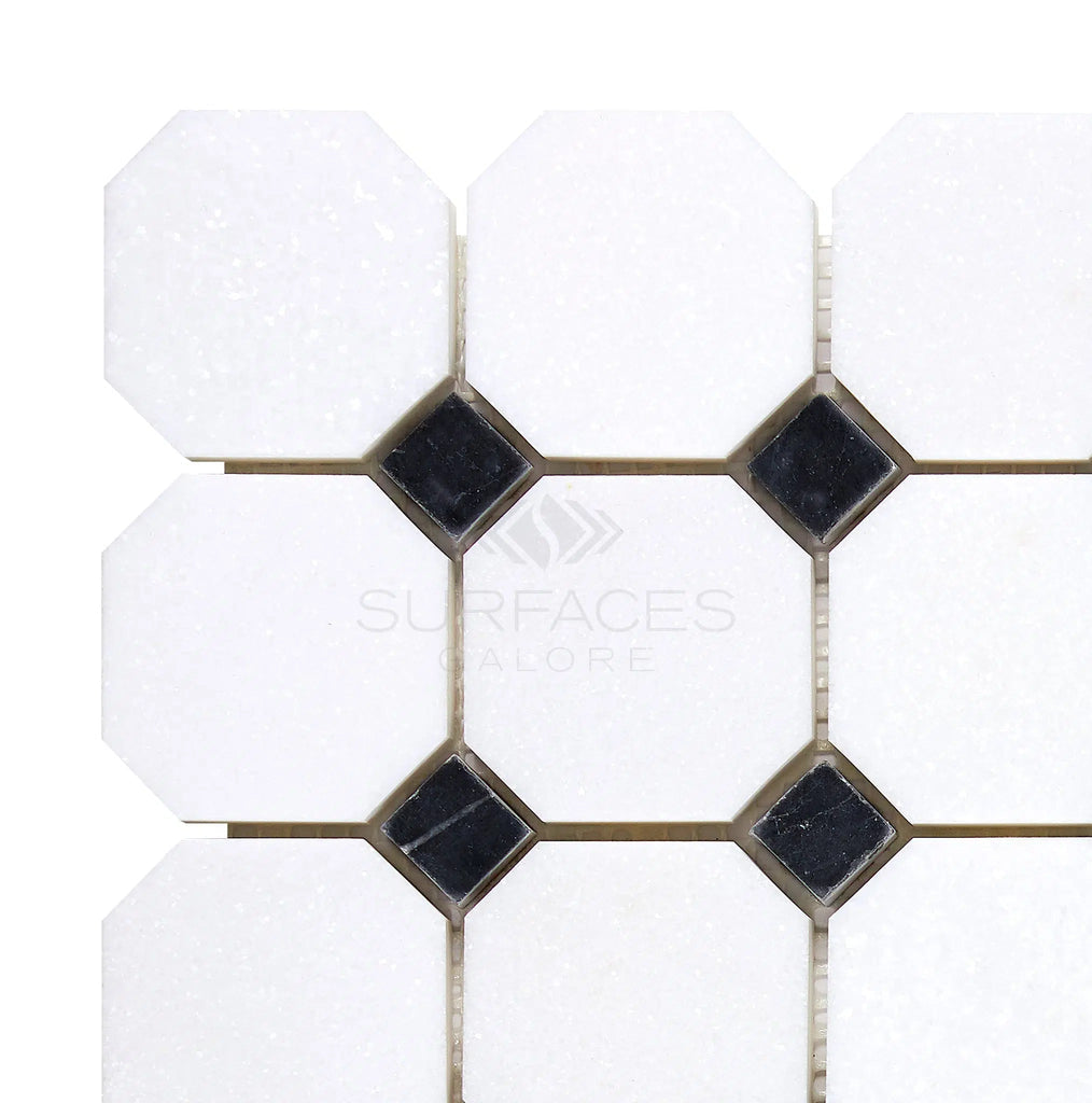 Thassos White Octagon (w/ Black) Mosaic Marble Polished-Honed