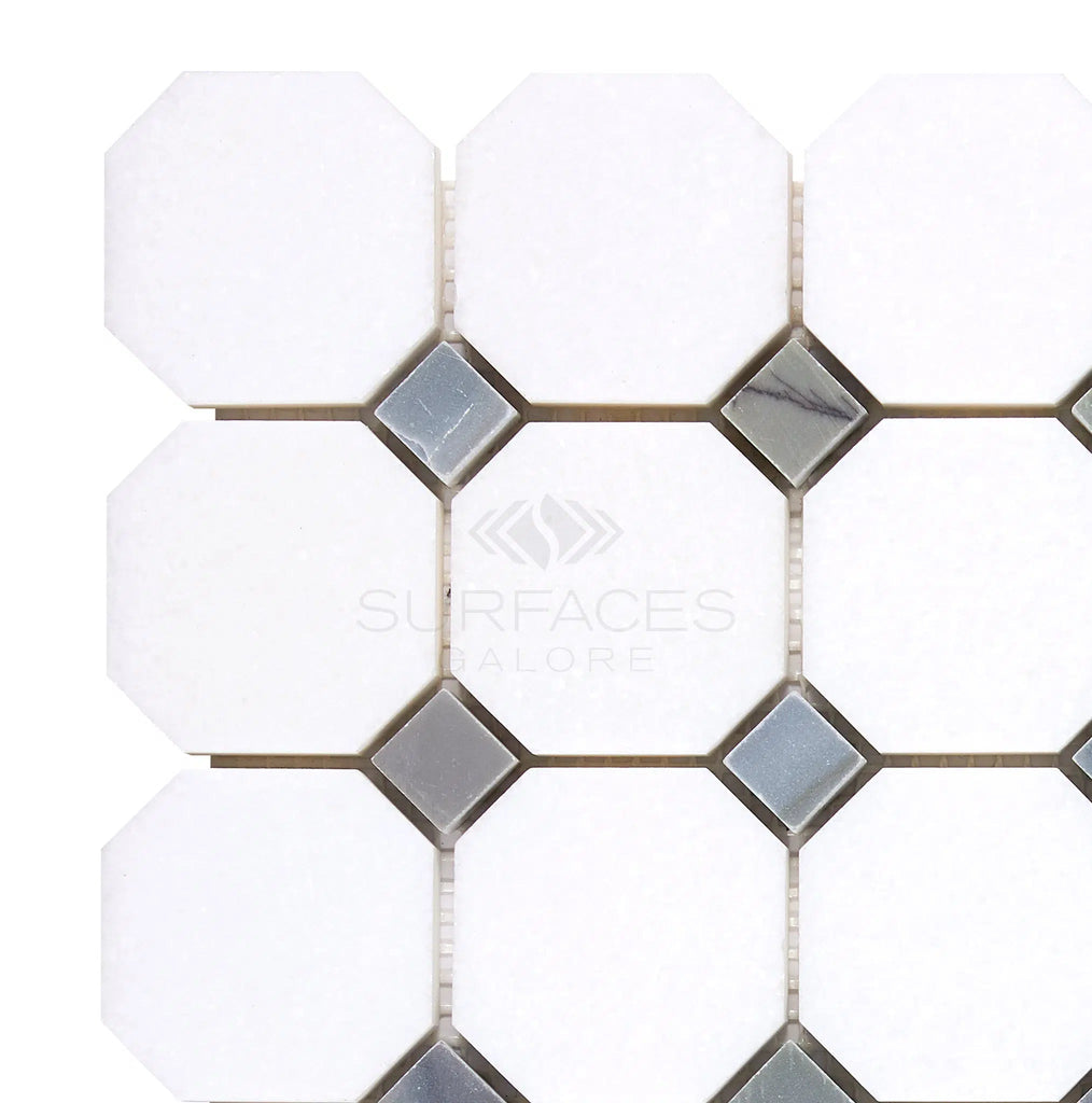 Thassos White Octagon (w/ Blue-Gray)Mosaic Marble Polished-Honed