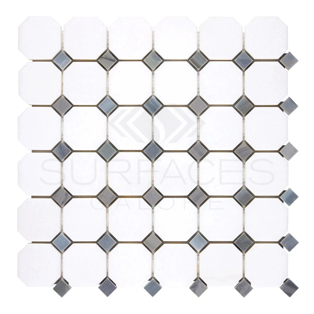 Thassos White Octagon (w/ Blue-Gray)Mosaic Marble Polished-Honed