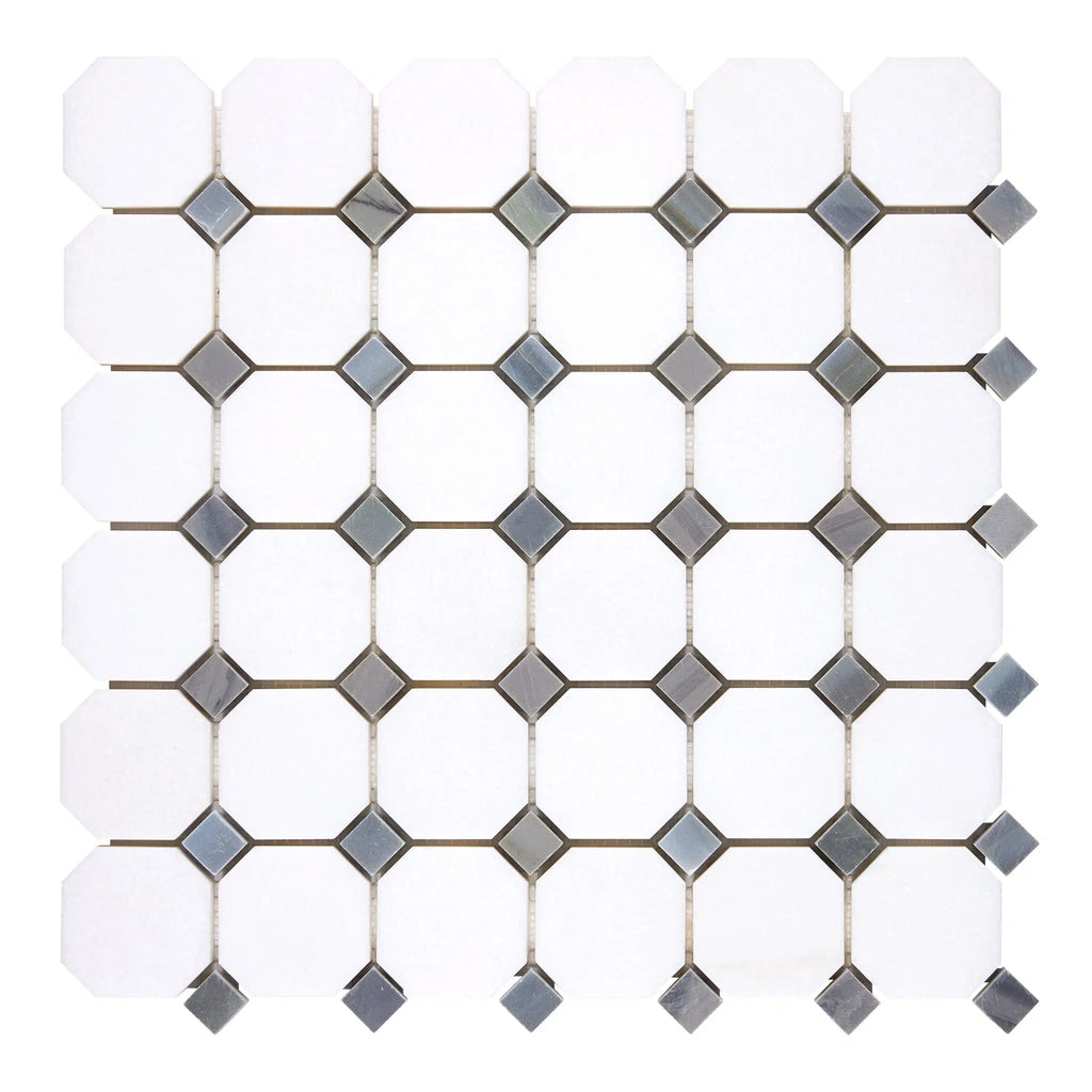 Thassos White Octagon (w/ Blue-Gray)Mosaic Marble Polished-Honed