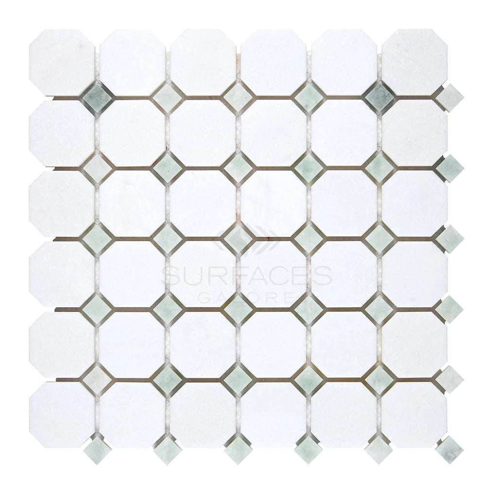 Thassos White Octagon (w/ Ming-Green)Mosaic Marble Polished-Honed