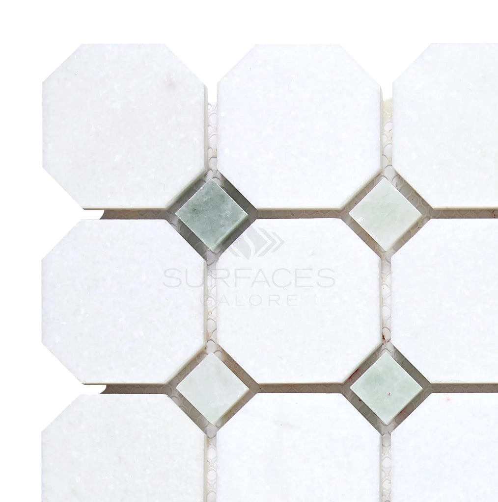 Thassos White Octagon (w/ Ming-Green)Mosaic Marble Polished-Honed