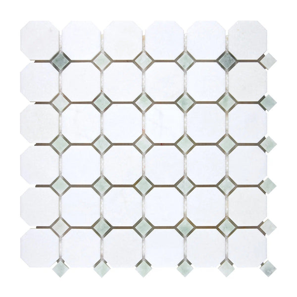 Thassos White Octagon (w/ Ming-Green)Mosaic Marble Polished-Honed