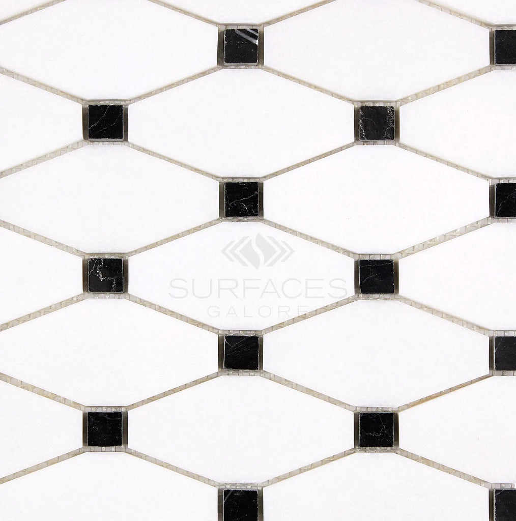 Thassos White Octave (Long Octagon) (w/ Black) Mosaic Marble Polished-Honed