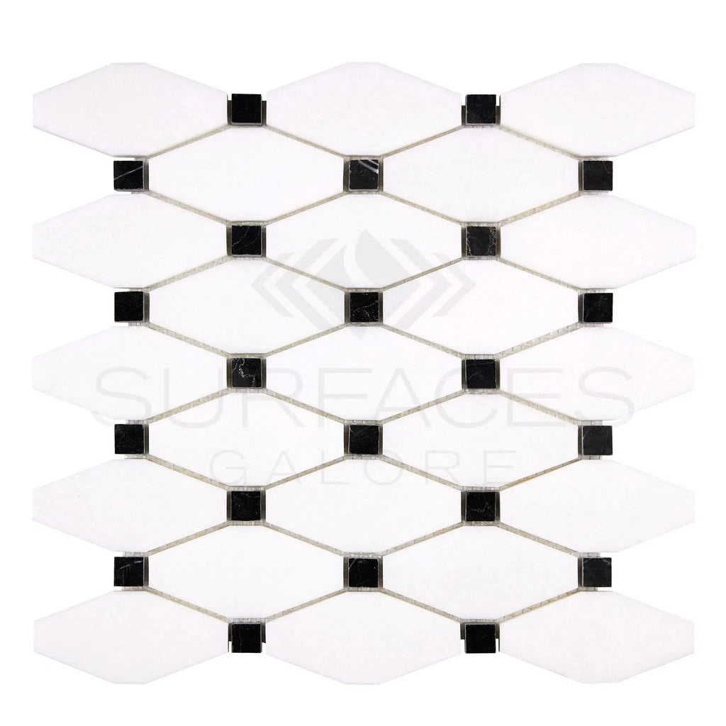 Thassos White Octave (Long Octagon) (w/ Black) Mosaic Marble Polished-Honed