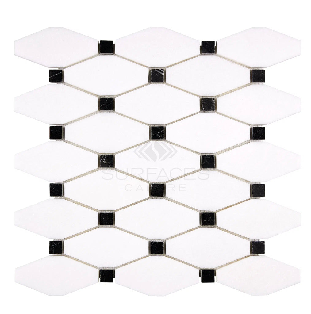 Thassos White Octave (Long Octagon) (w/ Black) Mosaic Marble Polished-Honed