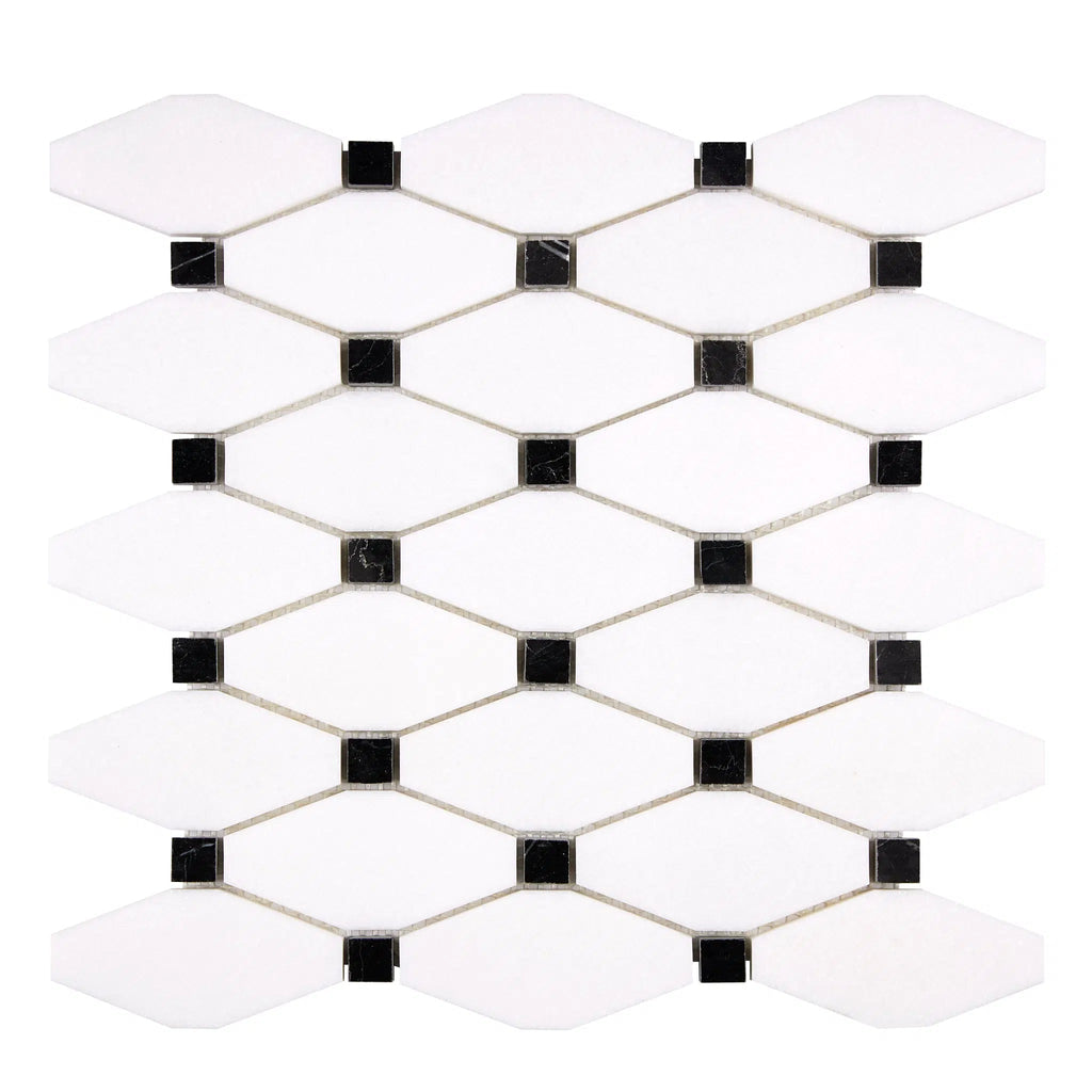 Thassos White Octave (Long Octagon) (w/ Black) Mosaic Marble Polished-Honed