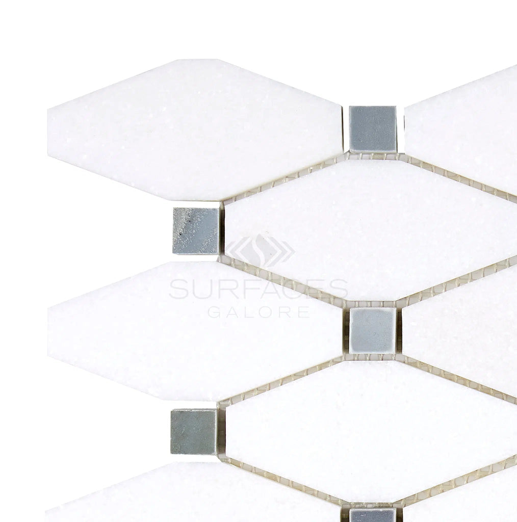 Thassos White Octave (Long Octagon) (w/ Blue-Gray) Mosaic Marble Polished-Honed