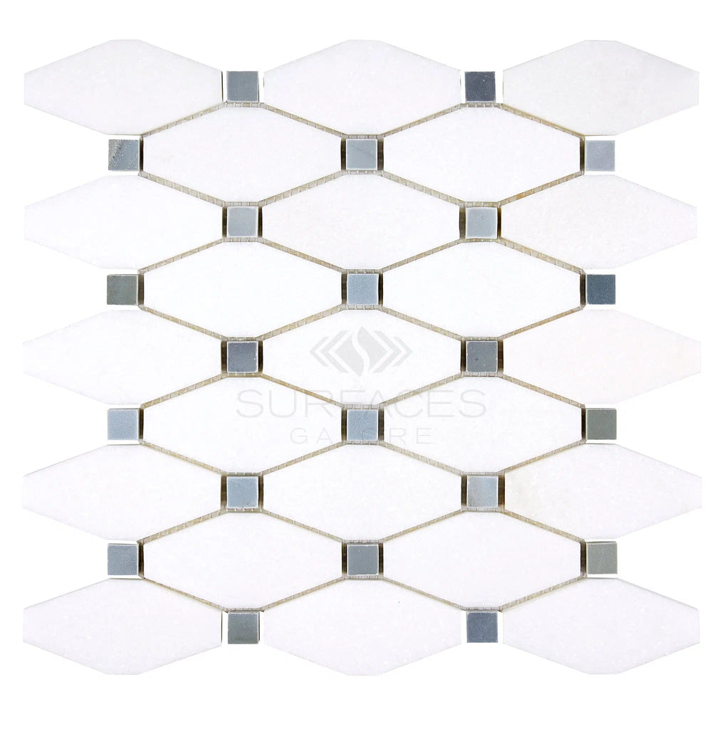 Thassos White Octave (Long Octagon) (w/ Blue-Gray) Mosaic Marble Polished-Honed