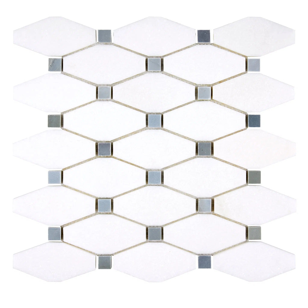 Thassos White Octave (Long Octagon) (w/ Blue-Gray) Mosaic Marble Polished-Honed