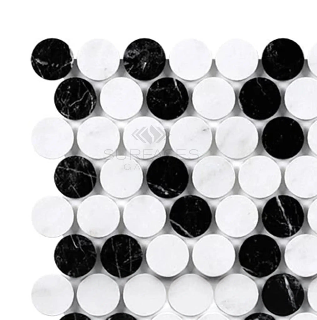 Thassos White Penny-Round (Carrara + Thassos + Black) Mosaic Marble Polished-Honed