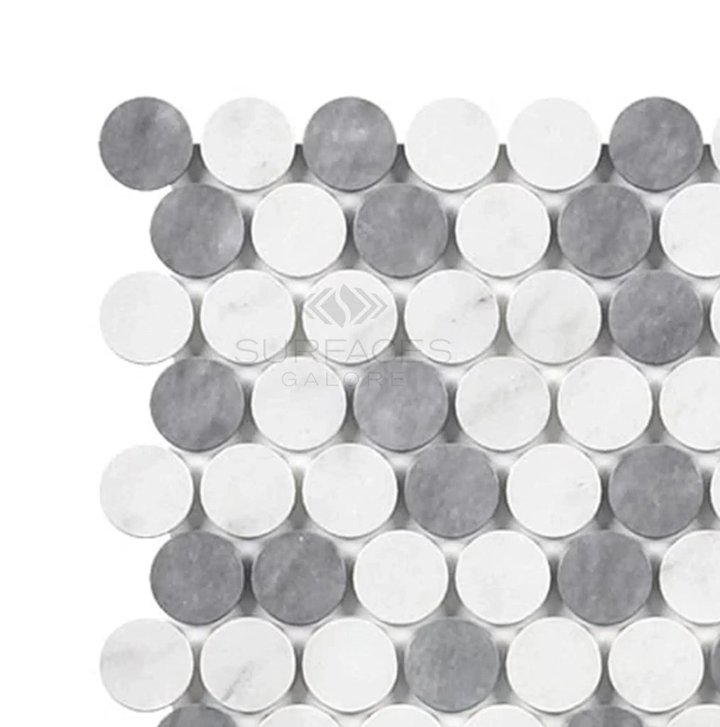 Thassos White Penny-Round (Carrara + Thassos + Blue-Gray) Mosaic Marble Polished-Honed