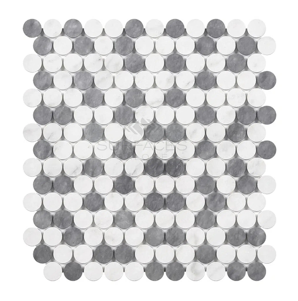 Thassos White Penny-Round (Carrara + Thassos + Blue-Gray) Mosaic Marble Polished-Honed