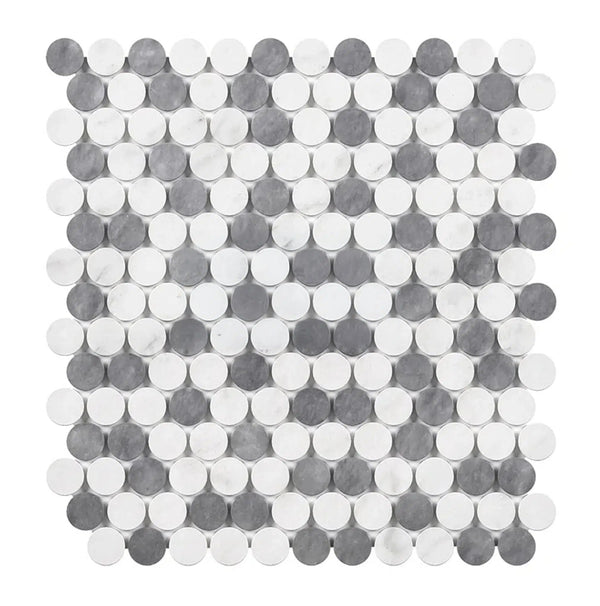 Thassos White Penny-Round (Carrara + Thassos + Blue-Gray) Mosaic Marble Polished-Honed