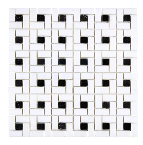 Thassos White Pinwheel Mosaic (w/ Black) Mosaic Marble Polished-Honed