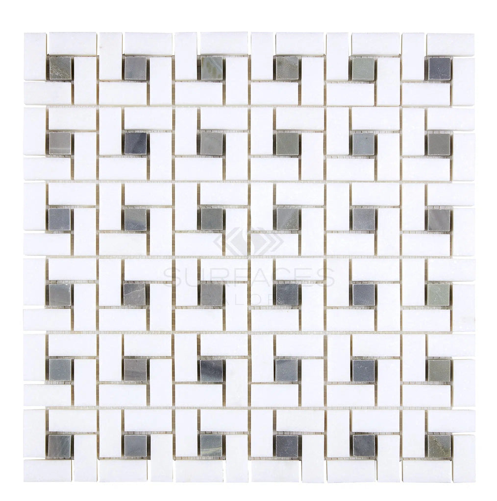 Thassos White Pinwheel Mosaic (w/ Blue-Gray) Mosaic Marble Polished-Honed