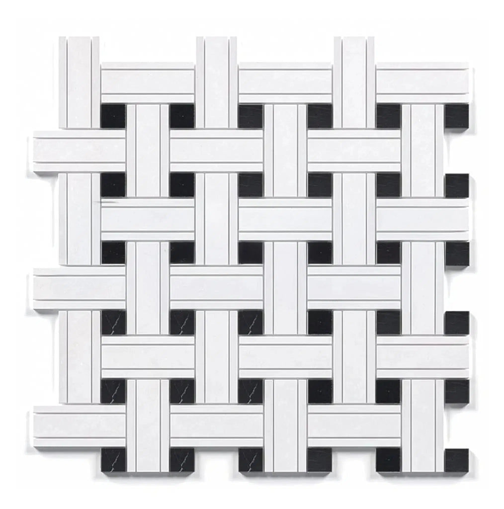 Thassos White Triple-Weave (w/ Black) Mosaic Marble Polished-Honed