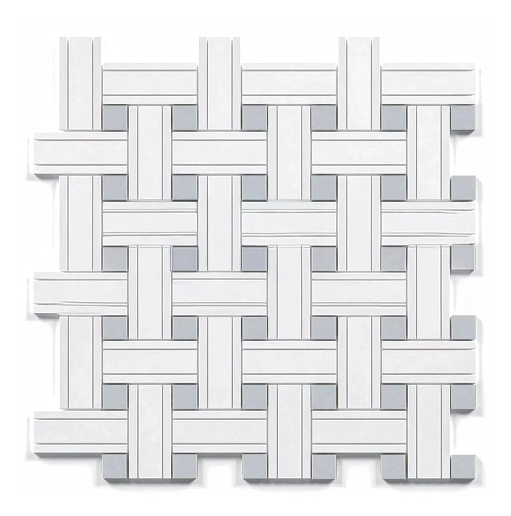 Thassos White Triple-Weave (w/ Blue-Gray) Mosaic Marble Polished-Honed