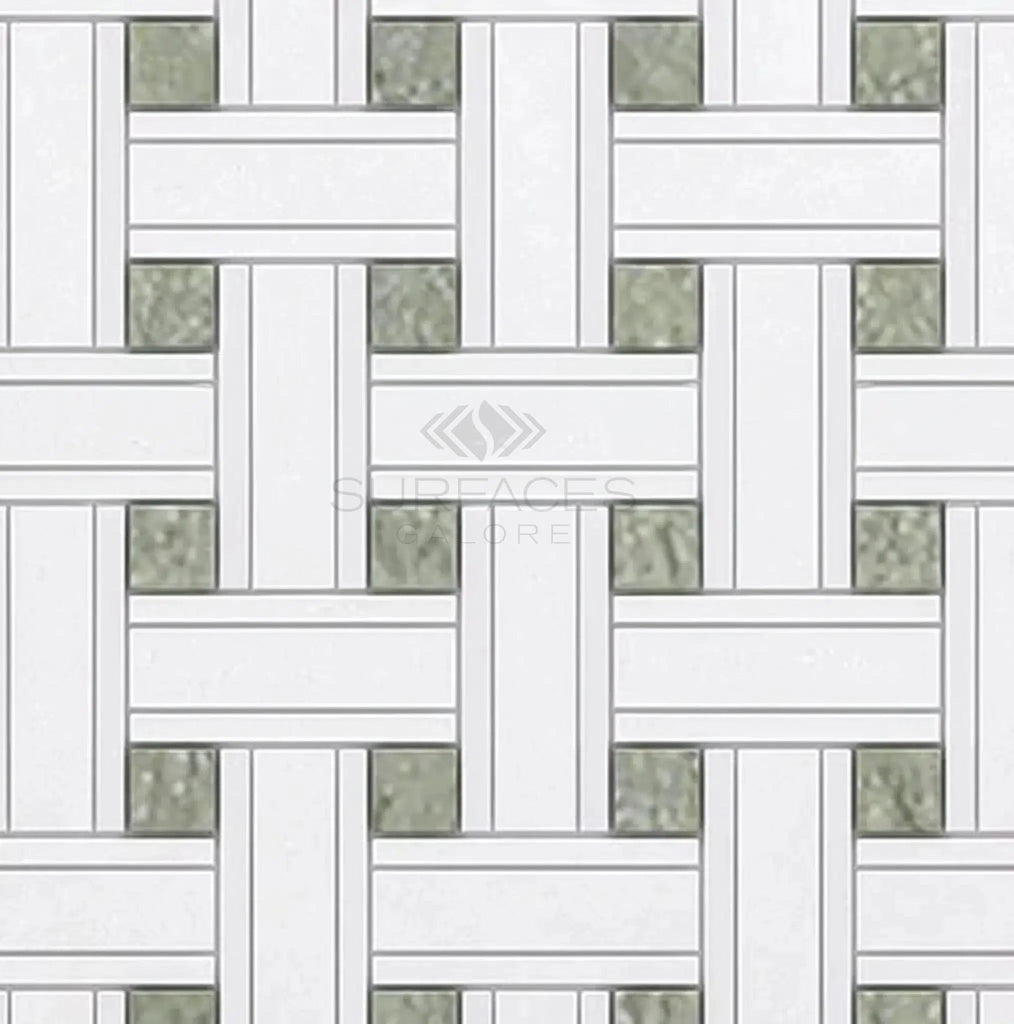 Thassos White Triple-Weave (w/ Ming-Green) Mosaic Marble Polished-Honed