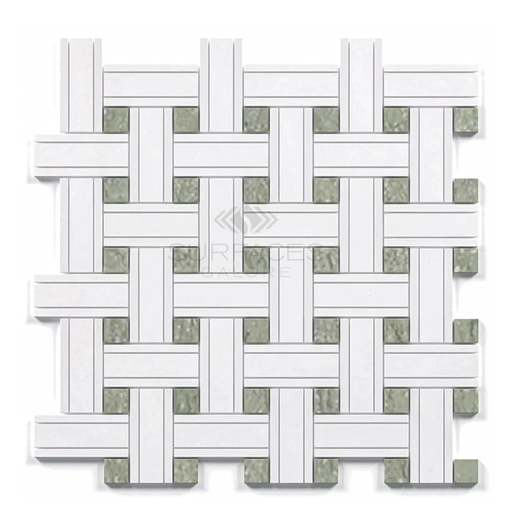 Thassos White Triple-Weave (w/ Ming-Green) Mosaic Marble Polished-Honed