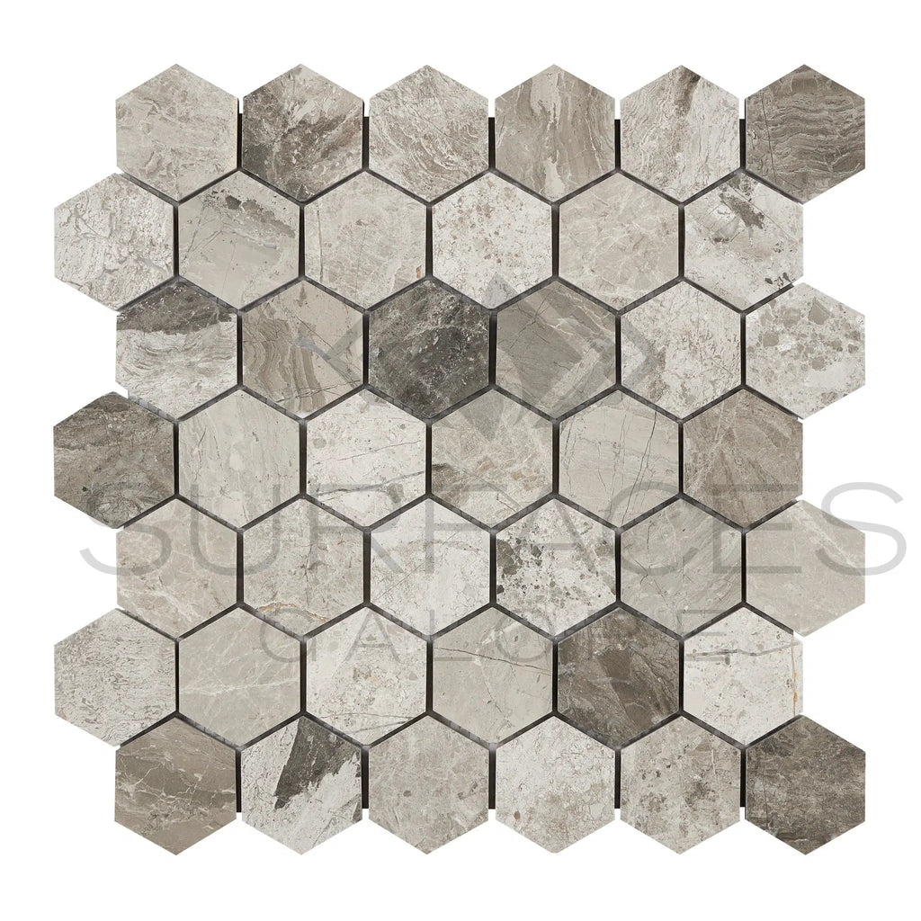 Tundra Gray 2" Hexagonn Marble Mosaic Polished-Honed