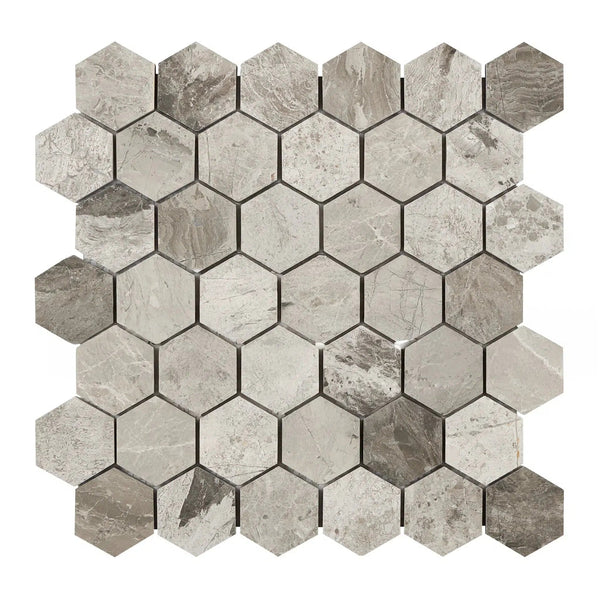 Tundra Gray 2" Hexagonn Marble Mosaic Polished-Honed