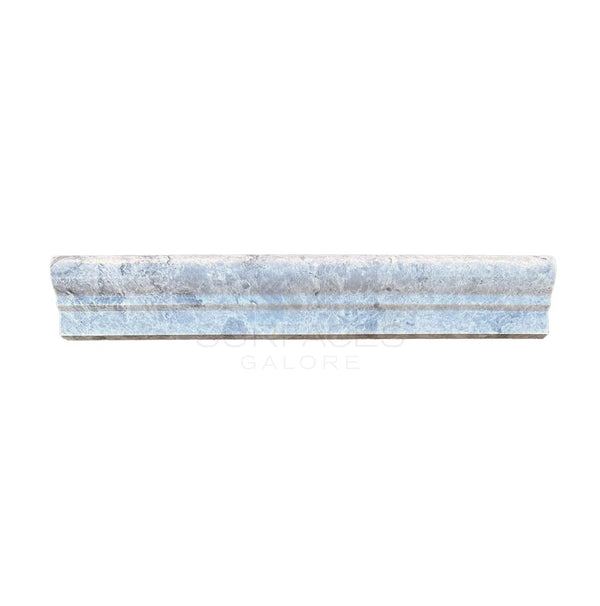 A versatile Tundra Gray 2X12 OG-1 (Single-Step Chair Rail Trim) Liner Marble Polished-Honed tile from SurfacesGalore with a textured surface, isolated on a white background.