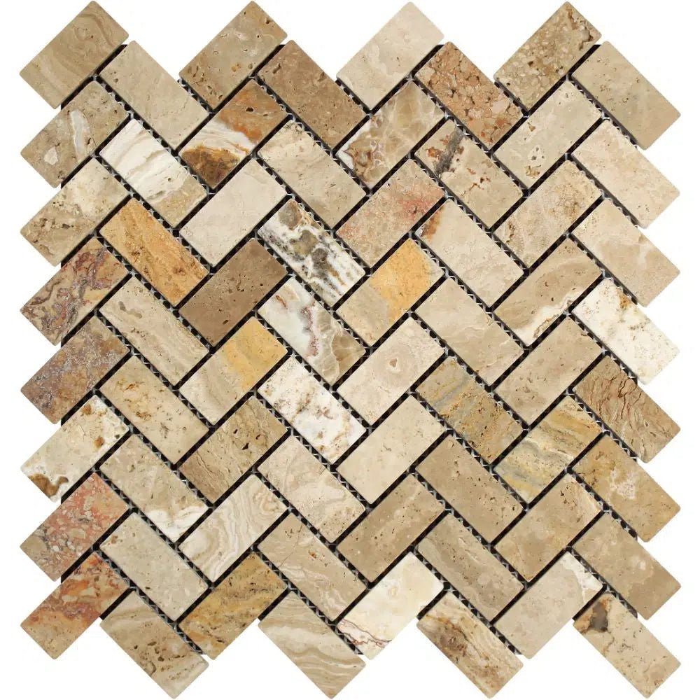 Valencia Travertine 1X2 Herringbone Mosaic Tumbled - SurfacesGalore