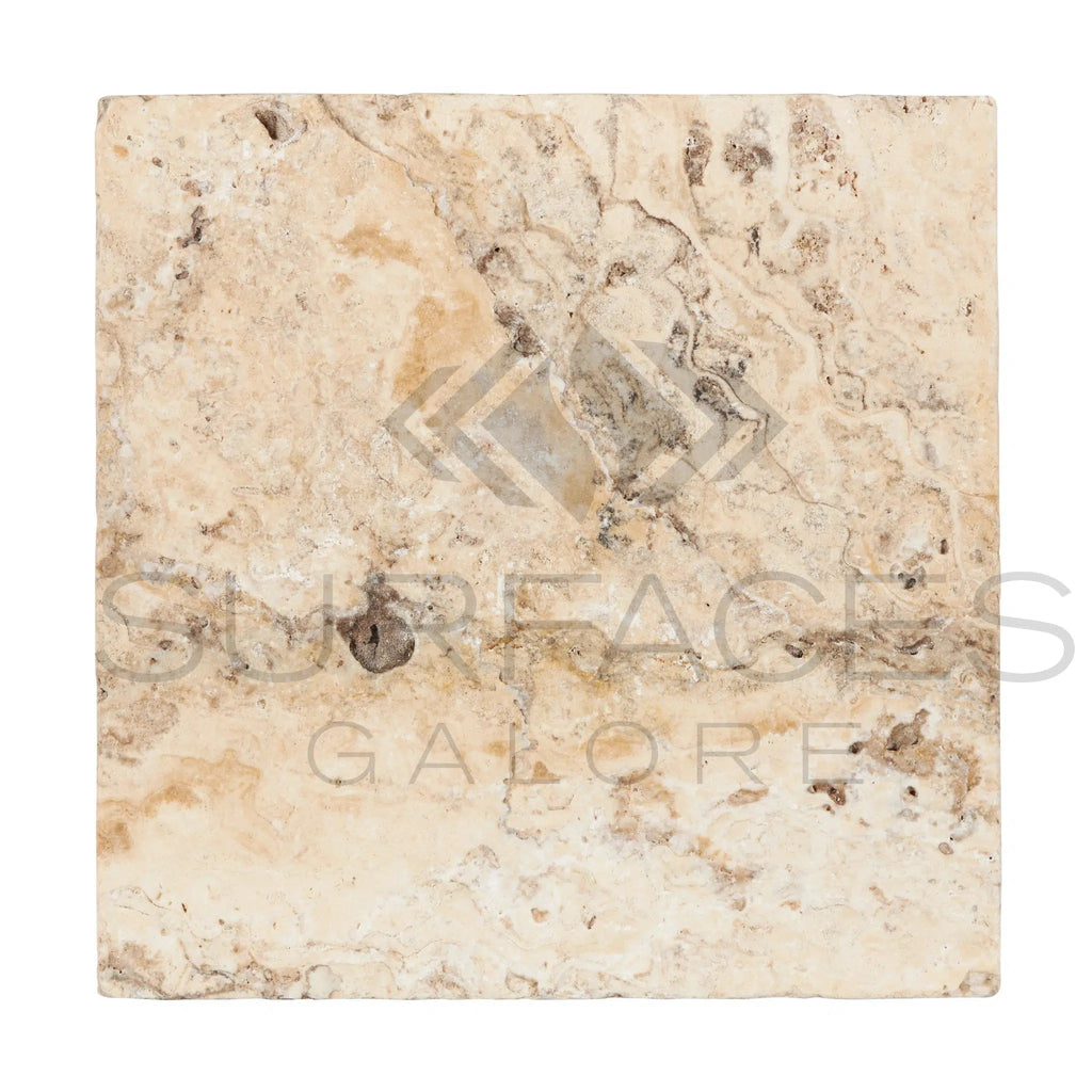 A 24x24 square tile named the Valencia Travertine from SurfacesGalore, featuring a beige, cream, and light brown marbled pattern with a textured surface. This premium tile has dark and light veins running through it, with the brand name "SurfacesGalore" subtly visible over the top.