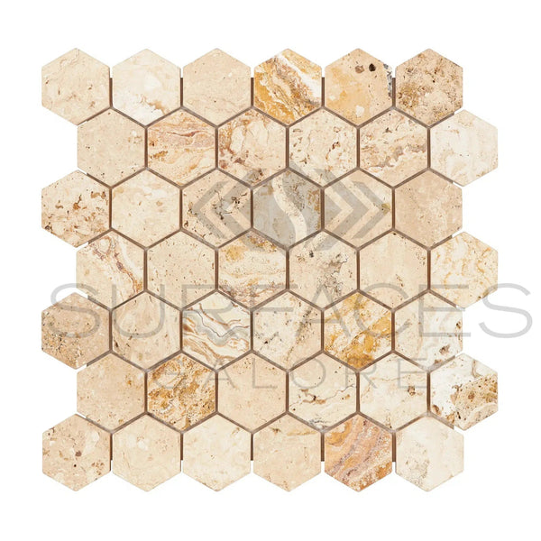 Valencia Travertine 2X2 Hexagon Mosaic Tumbled