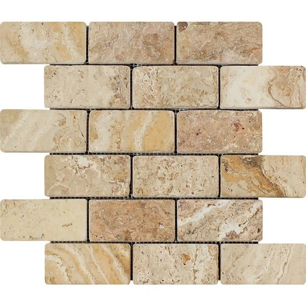 Valencia Travertine 2X4 Brick Mosaic Tumbled - SurfacesGalore