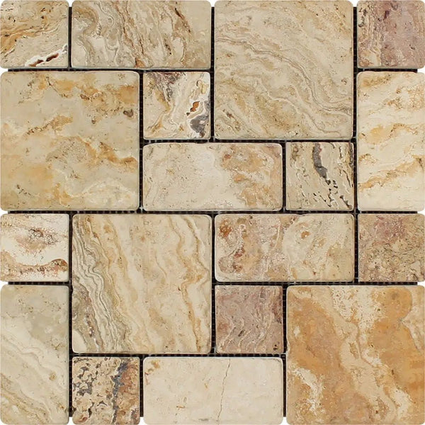 Valencia Travertine 3 - pcs. Mini - Pattern Mosaic (Non - Interlocking) Mosaic Tumbled - SurfacesGalore