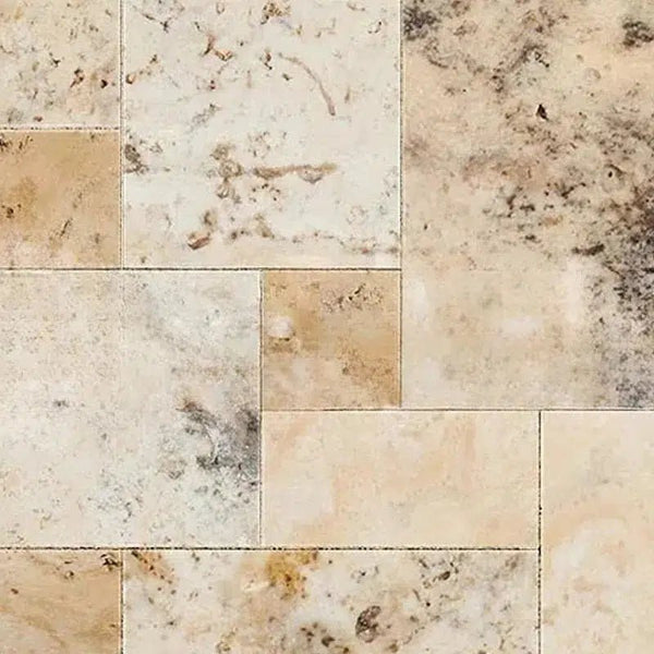 Close-up of a beige and brown Valencia Travertine marble tile pattern with varying shades and natural textures, showcasing the premium Valencia Travertine 4 pcs Versailles Pattern/French Pattern Set Unfilled, Brushed and Chiseled-Edge by SurfacesGalore.