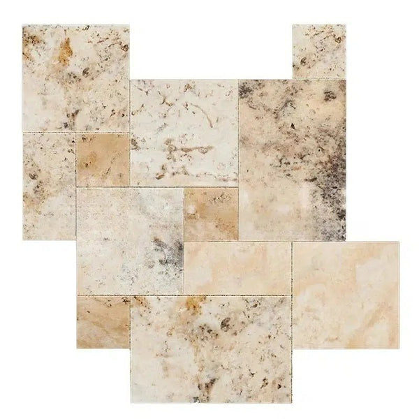 Beige and brown stone tiles arranged in an interlocking pattern on a white background, featuring the premium Valencia Travertine 4 pcs Versailles Pattern/French Pattern Set Unfilled, Brushed and Chiseled-Edge from SurfacesGalore.