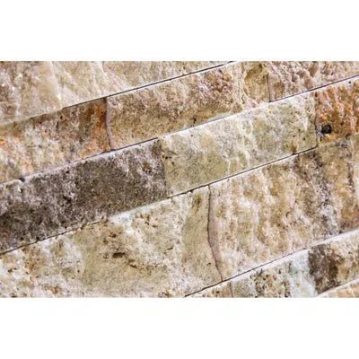 Close-up of a textured stone wall showcasing the Valencia Travertine Ledger-Panel ("Z" Split-Panel) Mosaic Split-Faced from SurfacesGalore, with various shades of beige, brown, and tan, featuring uneven surfaces and lines characteristic of premium travertine.