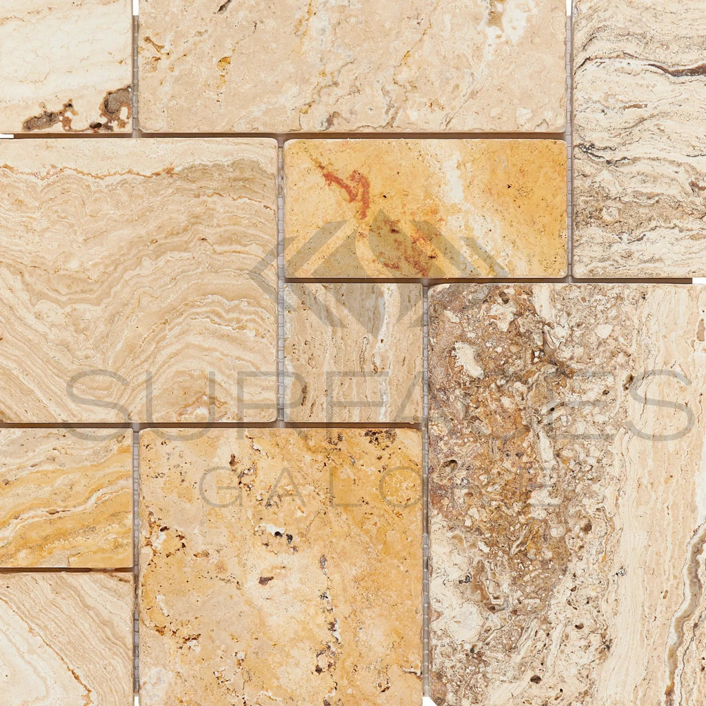 Valencia Travertine Micro - Pattern (Mini - Versailles) Mosaic Tumbled - SurfacesGalore