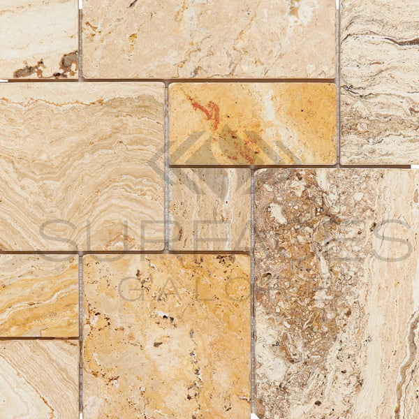 Valencia Travertine Micro - Pattern (Mini - Versailles) Mosaic Tumbled - SurfacesGalore